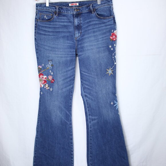 JOHNNY WAS RAIYA EMBROIDERED BLUE JEAN FLARE MID RISE CLASSIC FIT SLIM SZ 32 - Picture 1 of 12